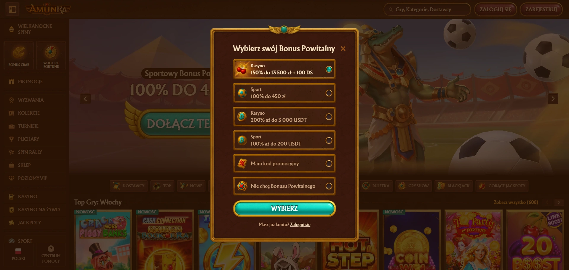 AmunRa Casino ekran wyboru bonusu powitalnego z ofertami dla nowych graczy