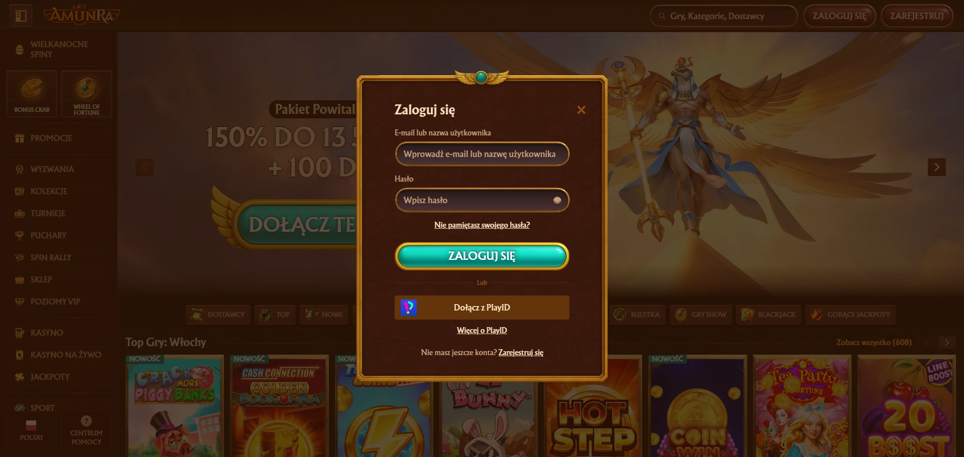 AmunRa Casino formularz logowania szybki dostęp do konta użytkownika online